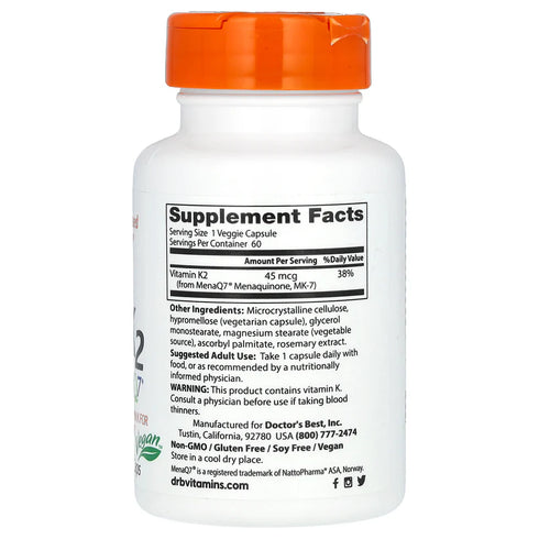 Image of Natural Vitamin K2 MK-7 with MenaQ7 (45mcg) 60caps supplement facts